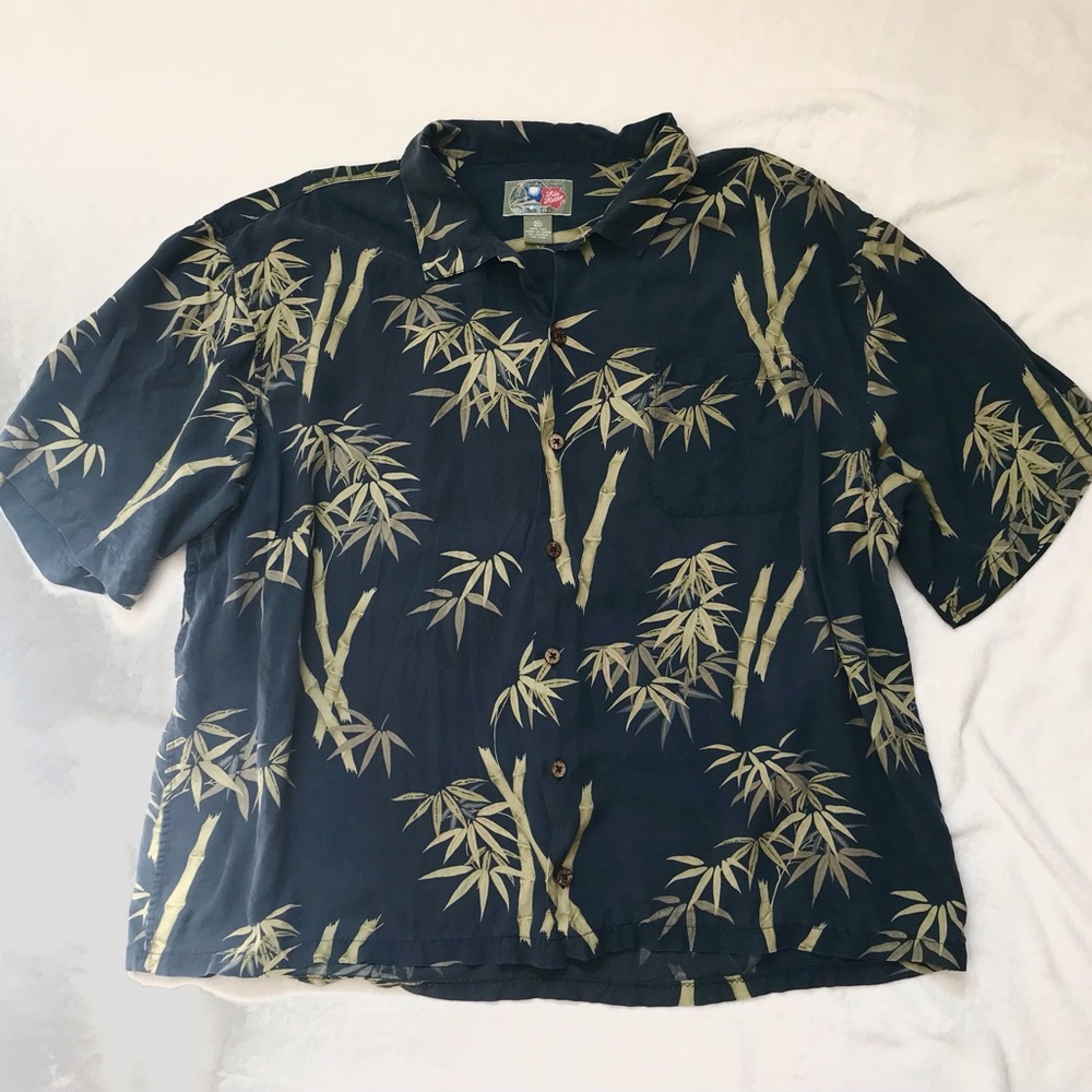 Men's VTG Hilo Hattie's 100% Silk Hawaiian Shirt 2XL Blue Short Sleeve Collared